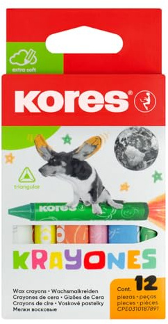 Kores Triangular Wax Crayons for Kids, 12 Assorted Colours | Mess-Free Colouring, Ergonomic Grip, Toddler Safe