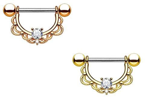 Paula & Fritz Brustwarzen-Piercing Brustpiercing Frau Maenner Intimpiercing Mann Nippelpiercing Edelstahl Chirurgenstahl 316L Filigraner Bogen Gelbgold Roségold K11002-14_Set
