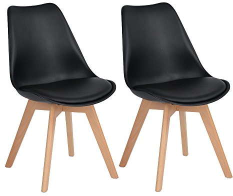 EGGREE 2er Set Esszimmerstühle mit Massivholz Bein SGS Geprüfter, Retro Design Gepolsterter lStuhl Küchenstuhl Holz, Schwarz