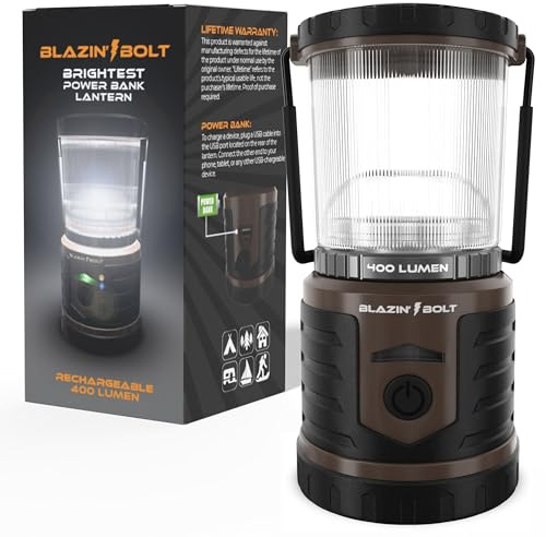 Blazin Bolt Rugged USB Rechargeable Lantern | 6000mAh Power Bank | 400 Lumen | 400 Hours of Light | 6 Modes | Camping, Emergency, Power Outage, Storm, Blizzard, Hurricane Survival