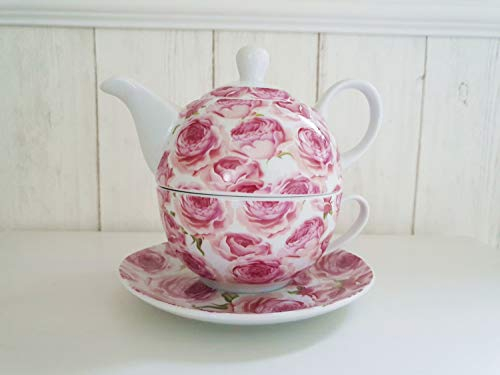 Arinosa Teekanne Pfingstrosen Rosa Landhaus Kanne mit Tasse Teeservice 3 teilig Tee for one