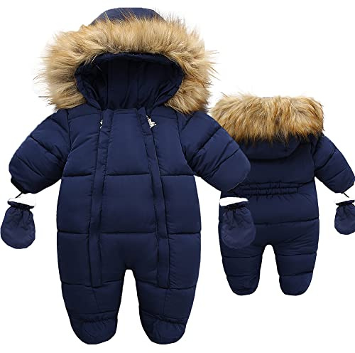 Fairy Baby Infant Baby Winter Snowsuit Coat Romper Hooded Double Zipper Fur Collar Warm Jumpsuit for Boys Girls 6-9 Monthes
