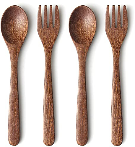 YFWOOD 4-Pieces Natural Wooden Kids Utensils Set, Child Forks and Spoons, Toddler Safe Flatware Hand polishing Anti-slip Portable and ultra light