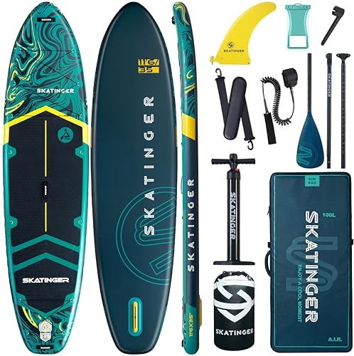 Skatinger 11'6×35 Super Wide Inflatable Paddle Board, Ultra Stable Stand Up Paddleboards for 450lb/3 People/Family/Big Size w/Shoulder Strap, 100L Backpack, All-Round Sup Board, US Fin
