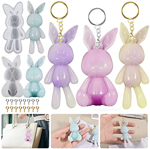 Bekecidi 62 Stück Epoxidharz-Formen Schlüsselanhänger-Set, Kaninchen Silikonformen für Harzguss Tier Hasen Harz Schlüsselanhänger Formen aus Silikon Anhänger Formen für Schmuck DIY Basteln