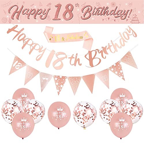 DEARLIVES 14 Pcs 18th Happy Birthday Decor,Rose Gold 18Th BIrthday Party Supplies Including Happy 18TH BIRthday Banners BIRThday Straps Triangle Flag Bunting Confetti Latex Balloons