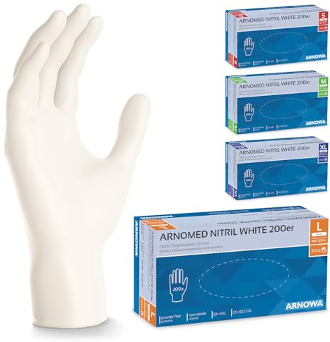ARNOMED Gants jetables blancs, 200 pièces/boîte, gants nitrile taille L, non poudrés & sans latex, gants jetables, gants disponibles en tailles S, M, L & XL