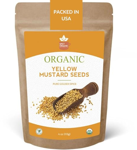 Spicy Organic Yellow Mustard Seed – 4oz (113G) Whole Seeds for Pickling, Spice Blends, Sauces & Cooking | USDA Organic, Non-GMO, Kosher, Additive-Free, Product of India, Resealable Bag