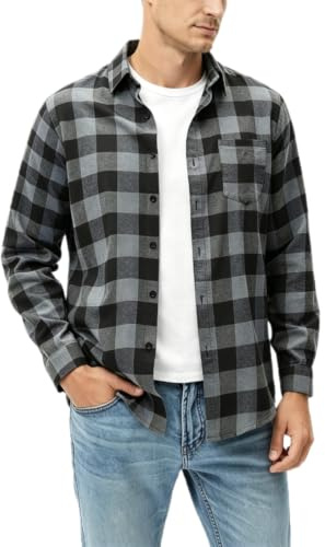 Klassisk rutig skjorta för män – 100 % bomull skogsarbetare rutig topp, andningsbar och avslappnad långärmad t-shirt blus, Gråsvart, M