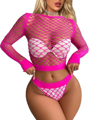 Buitifo Femme Lingerie Sensuelle Mesh Creuser Mini Robe Sexy Nuisette Babydoll de pêche Corset sous-Vêtement(Rose Rouge,Taille Unique)