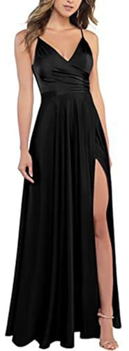 xxxiticat Robe de bal longue en satin pour femme - Col en V - Bretelles spaghetti - Robe de demoiselle d'honneur formelle en satin - Robe de soirée avec fente
