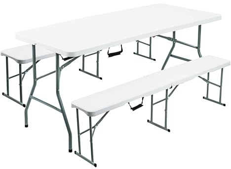 Crystals 6FT Folding Table and Bench Set - One White Folding Table with Two 6FT Folding Benches, Portable Garden Bench Set for Indoor/Outdoor Dining, BBQs, Picnics, Camping, and Versatile Seating