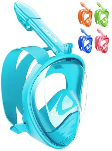 HINATAA Masque de Plongée Enfant Apnée,Anti-Etouffement Masque Plongee Intégral,180°Anti-Buée Anti-Fuite Masque Snorkeling,Lunettes Plongée Débutants 4-12Ans Fille Garçon (Azur)
