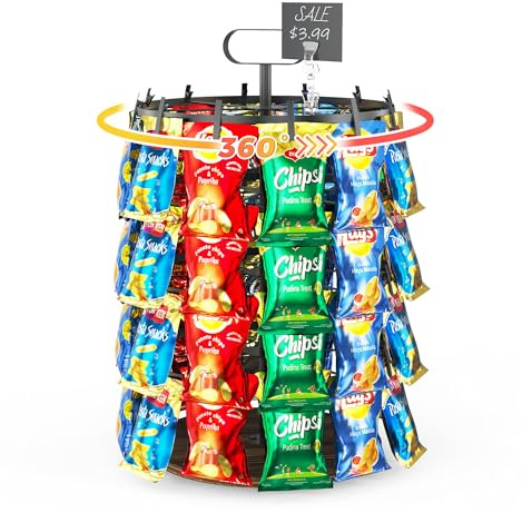 Soporte de exhibición giratorio de 4 niveles con 48 clips, soporte para bolsas de patatas fritas de encimera con base de madera, organizador de aperitivos rústico para fiesta, soporte de concesión al
