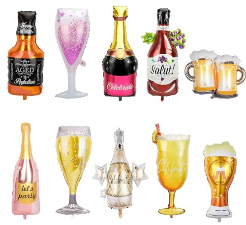 IEMIEBSHA 10Pcs Helium Mylar Balloons, Champagne Goblet Wine Glass Beer Mug Whiskey Bottle Balloon, Aluminum Foil Balloons for Birthday Engagement Bachelorette Wedding Anniversary Party Decorations