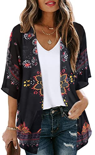 florynova Women’s Causal Kimono Cardigan Summer Tops Loose Fit Beach Cover Ups Floral Print Blouses