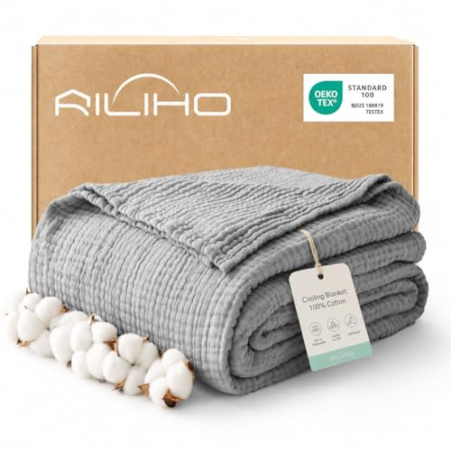 RILIHO musselindecke Adult 127 x 152, 100% Baumwolle, Sommer Decke, atmungsaktive Gaze-Decke alle Jahreszeiten, weich und leicht, Wohndecke Couch Decken, bettdecke, Mittelgrau