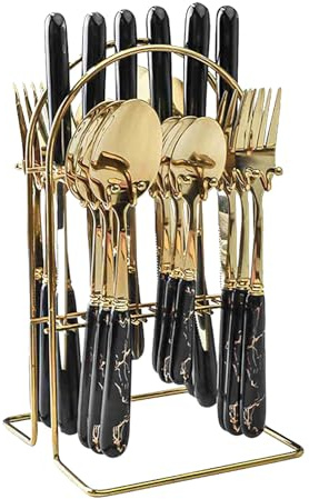 Rostfritt stål bestickset 24 st svart handtag med guld fälg gafflar skedar bestick hållbara metallredskap för biff middag fest västerländsk middag