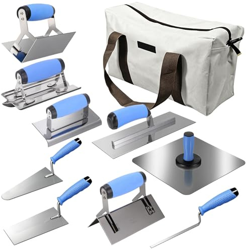 Set di 10 cazzuole da muratore, cazzuola e cazzuola per cemento in acciaio inox, spatola, strumento per muratura, strumento per intonaco, cazzuola angolare interna, set con custodia, per muratura e