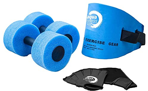 Aqua 6-Piece Fitness Set - Adult Water Aerobics Equipment for Pool - Includes Aquatic Swim Belt, Resistance Gloves, and Dumbbells
