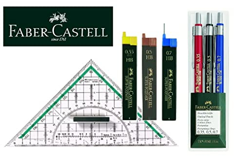 Faber-Castell Clever Geo Set 130622 Druckbleistift TK-FINE 3er Etui je ein Stift 0,35 mm, 0,5 mm und 0,7 mm + 3 Dosen Ersatzminen + 177090 - Zeichendreieck groß, mit Griff