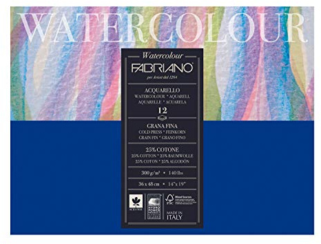 Honsell 17313648 Fabriano Watercolour - Cartón para Acuarela (300 g/m², 36 x 48 cm, 12 Hojas, Bloque encolado, Grano Fino, sin ácidos, Superficie Aterciopelada)
