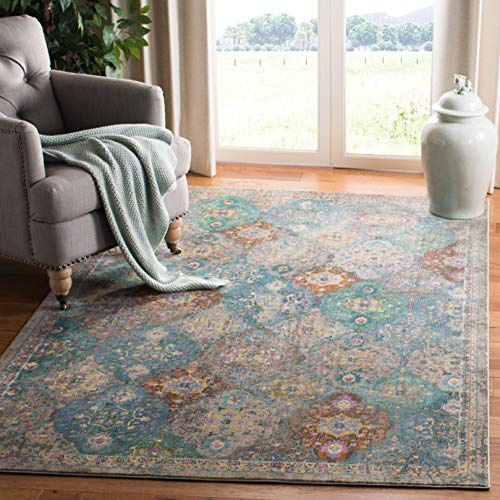 SAFAVIEH Boho Teppich für Wohnzimmer, Esszimmer, Schlafzimmer - Luxor Collection, Kurzer Flor, Elfenbein und Türkis, 122 X 183 cm