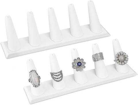 MOOCA 2 Pcs Set Ring Organizer for Showcase Display Drawer 5 Long Ring Storage Holder Jewelry Display Stands Showcase Jewelry Storage Counter, White Leatherette, 8 W x 2 1/8 D x 2 1/2 H in