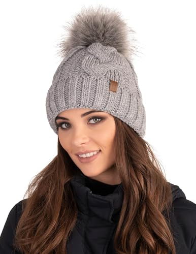 Vivisence Gorro De Otoño Invierno para Mujer De Punto con Pompon De Piel Sintética Ajuste Forro Cálido Elegante Y Flexible Protege contra El Frío La Nieve Y El, Gris Claro,Talla Única