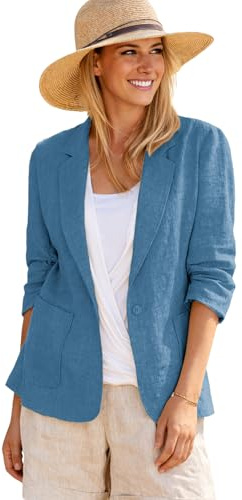 Linen Blazer Jackets for Womens Lightweight Blazers for Women Business Casual 3/4 Sleeve Cotton Fashion Dressy Coat Petite Summer Fall Outfits Clothes for Womens 2025 Blue XL