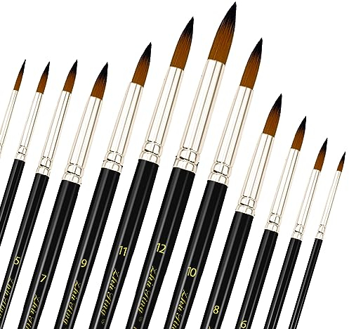 Juego de 12 Pinceles de Nailon para Artistas - Pintura Acrílica, Acuarela y Óleo - Color Negro