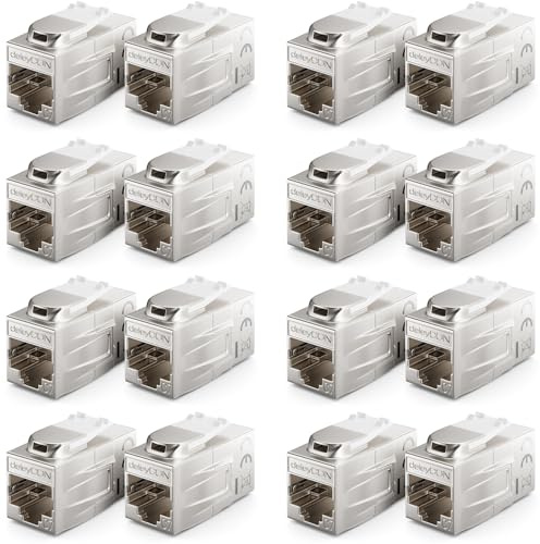 deleyCON 16 Stycke CAT 7 Koppling Keystone Metall 2x RJ45-uttag Kontakt för RJ45 Patchkabel 600 MHz 10 Gbps LAN DSL Ethernet och Användbar som Keystone Silver