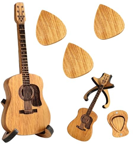 Lithyc Holz-Plektrumbox FüR Akustikgitarre - Holz Gitarren Plektren Plektrum - Wooden Acoustic Guitar Pick Box - Gitarrenplektrenhalter Mit 3 Gitarrenplektren – FüR E-Bass, Gitarre – Holzfarbe