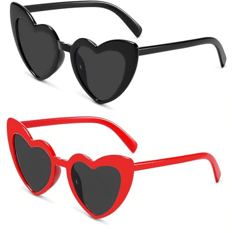 Augesak 2 Paires Lunette de Soleil Coeur, UV400 et Protection Lunette Coeur, Lunettes de Fête Rétro pour Voyages Costume de Mariage Accessoires-Cadre Rouge+Noire