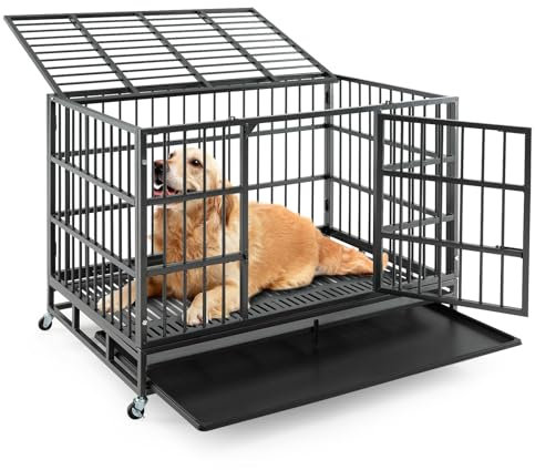 GYMAX 38''/48” Heavy-Duty Dog Crate, Foldable Dog Kennel Crate Lockable Wheels & Doors, Removable Tray, Indoor Outdoor Chew-Proof Pet Crate for Large Dogs (120 x 76 x 90cm)