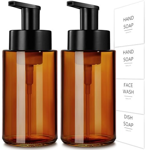Gmisun Lot de 2 distributeurs de savon moussant en verre ambré de 300 ml pour salle de bain et cuisine, flacon à pompe rechargeable avec étiquettes étanches
