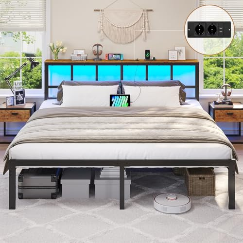 Brinlawb Struttura Letto Matrimoniale 160x200 cm con Luce LED e Stazione di Ricarica (2 Prese CA, 2 Porte USB) Struttura Letto 160x200 cm con struttura in metallo, Forte e stabile, Facile da montare