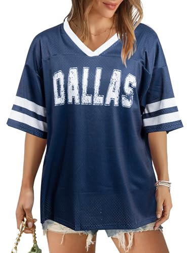 Women Jersey Shirts Football V Neck Shirt Game Day Season Tops Short Sleeve Tee Blue