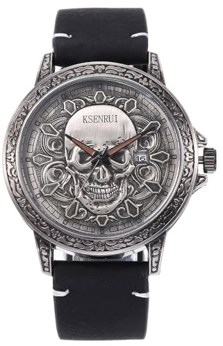 Reloj de calavera para hombre, esfera atrevida de 45 mm, diseño intrincado de calavera, movimiento de cuarzo, correa de cuero, resistente al agua hasta 30 m, caja de aleación resistente, estilo gótico