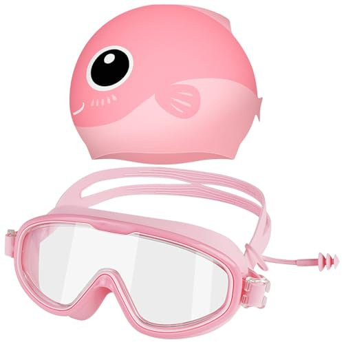 Ynaice 2 Pack Kids Swim Goggles with Swim Cap, Swim Kit No Leaking Soft Anti Fog UV Protection Clear Vision Silicone Swimming Cap for Children Girls 3-14 Pink