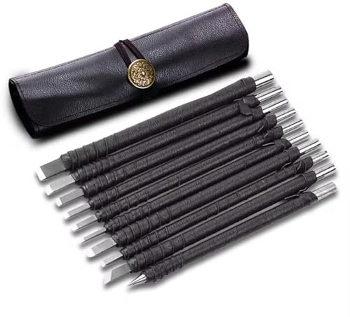 10 st Tungsten Steel Stone Carving Kit Mejslar Gravyr Handverktyg med bärväska för träbearbetning och stensnideri