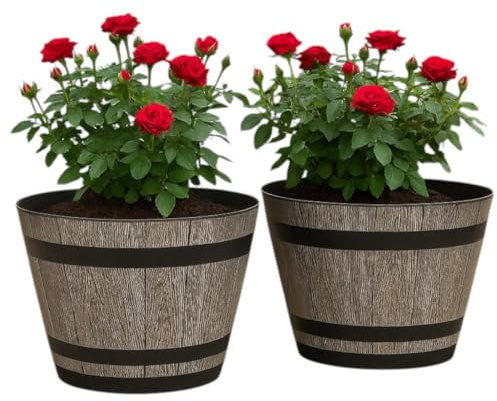 Divas World Barrel Style Garden Planter Tub 36cm Faux Wood Effect Round Plant Pot with Black Bands Lightweight Plastic 18.35L Capacity Weather Resistant for Outdoor Patio Flowers Shrubs Herbs (2)