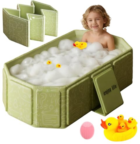 Bañera Bebe Plegable, Bañera Twistshake con 1 Cepillo de Baño, 4 Patos, Lavabo de ducha portátil, Bañera de Ducha Portátil Integrada para Bebés para Niños de 0 a 8 Años (Green)