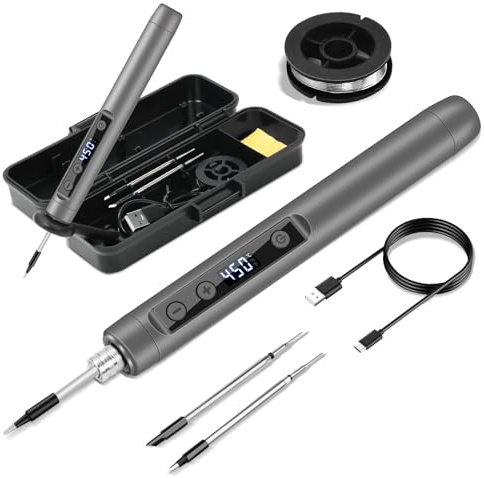 KKMOL Kit de fer à souder sans fil, fer à souder USB avec batterie et écran LCD, température réglable de 180 ℃ à 450 ℃, 3 embouts de soudure, fil de soudure, kit de soudure pour réparation de soudure