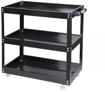 3-Tier Heavy Duty Tool Trolley Cart with Lockable Wheels – Rolling Workshop & Garage Storage Organiser for Tools, Equipment & Parts – Durable Metal Utility Cart with Steel Handle (Black)