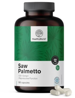 HealthyWorld Saw Palmetto – Serenoa repens con suplemento de zinc – Extracto 20:1 – 180 cápsulas vegetales – Apoyo a la próstata – Envase XXL – Para 6 meses