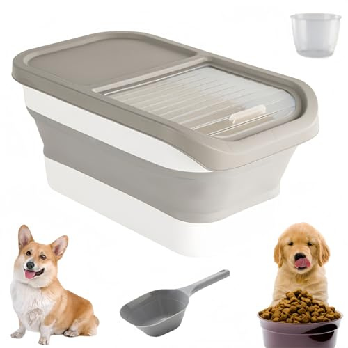 Generisch Contenitore per cibo per cani, 12-15 kg, ermetico con coperchio ribaltabile, con ruote, pieghevole, per cani e gatti, contenitore per animali con misurino fino a 30 lbs, senza BPA (cachi)