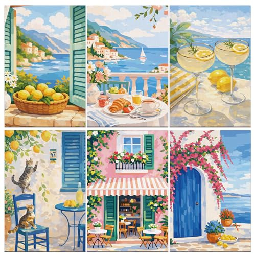 Kaieteur 6 Pack Painting by Number Kits for Adult, DIY Canvas Oil Painting Kit for Kids or Beginner with Paint Brushes Acrylic Pigment Drawing Paintwork 20x30cm Without Frame