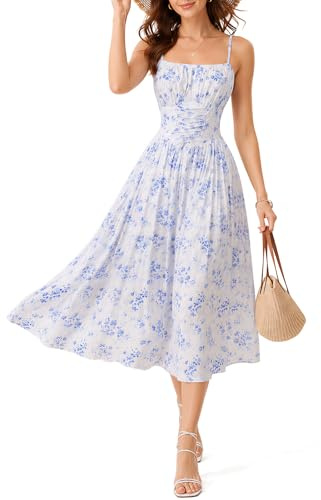 TALALAAZM Women Square Neck Spaghetti Strap Ditsy Blue Floral Midi Dress, Ruched Waist A Line Flowy Summer Beach Casual Party Dress