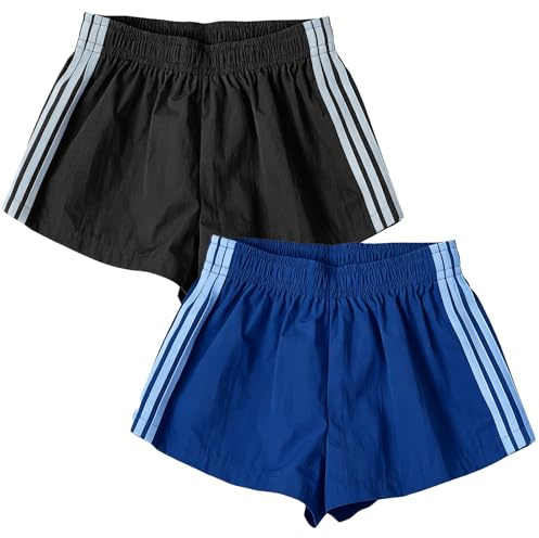 DOINEUFL Womens Shorts 2 Pack Running Gym Shorts for Women Ladies Summer Sports Shorts Lightweight Striped Dolphin Activewear Casual Lounge Pants (UK, Alpha, M, Regular, Regular, Black + Blue)